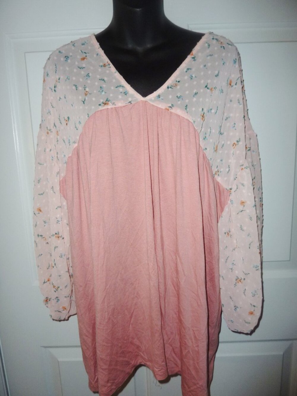 Mint ODDY Swiss Dot Floral Puffy Sleeved Tunic Peasant Top Size 2X/3X